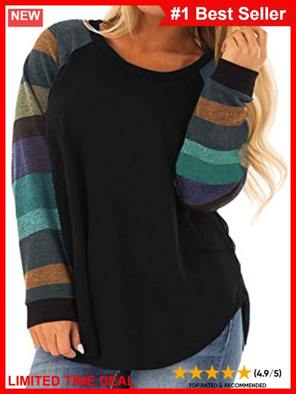 Plus Size Long Sleeve Tunic Crewneck Colorblock Striped Tee Shirt